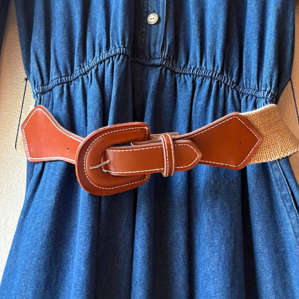VTG 80s Denim Maxi Dress Long Sleeves Pockets Collared Front Button Sz L Prairie - Picture 7 of 10